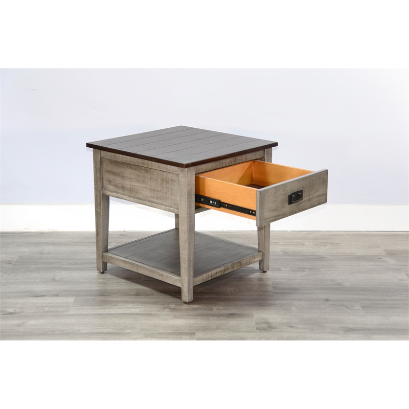 Pemberly Row Rustic Two-Tone End Table with Drawer and Open Shelf