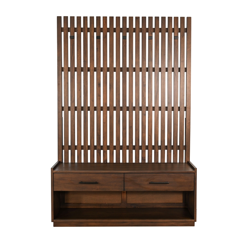 Pemberly Row Brown Finish Contemporary Wood Hall Tree with Bench
