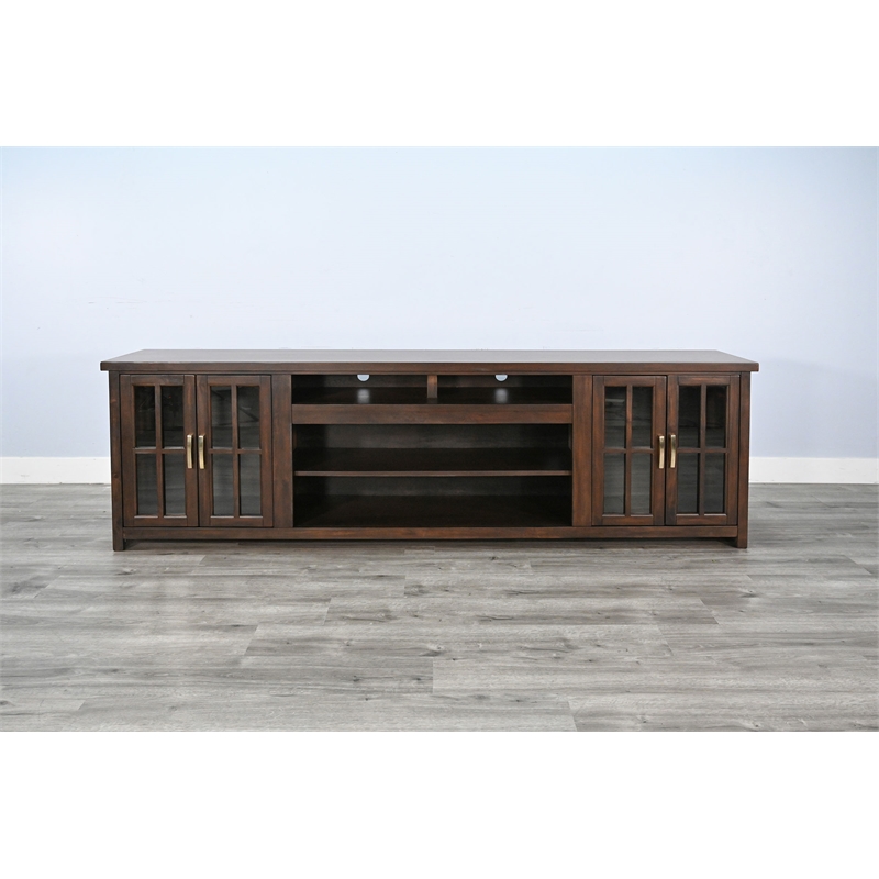 Pemberly Row 98-Inch Wide TV Stand with Glass Cabinet Doors and Open Shelving