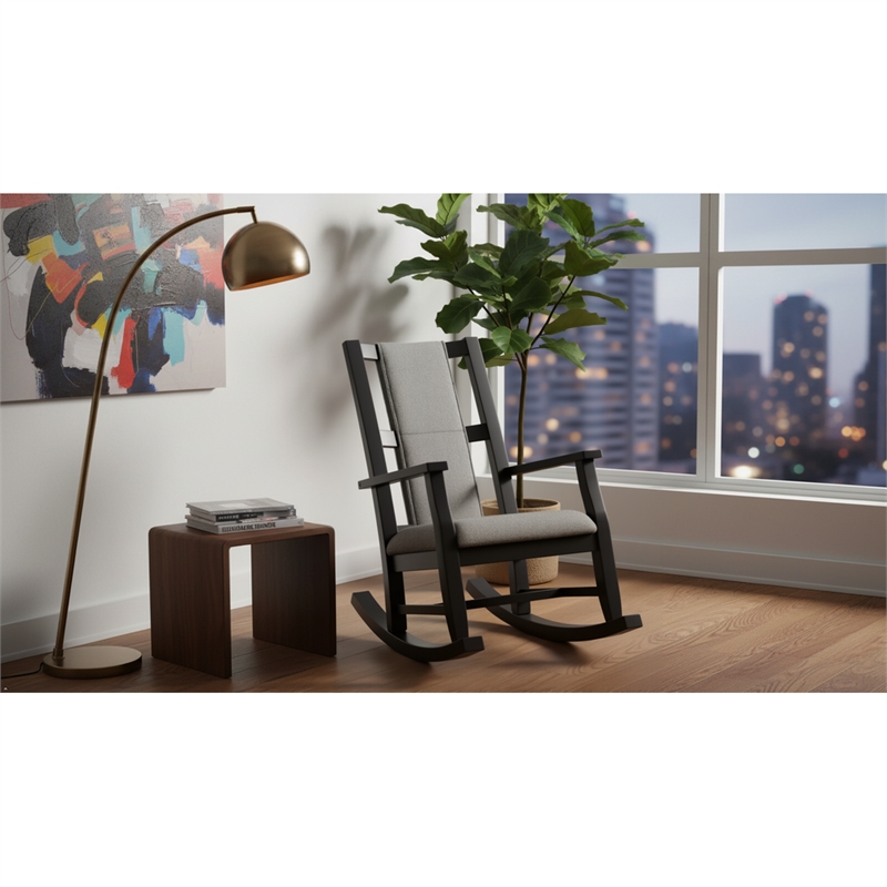 Pemberly Row Wood Farmhouse Cushion Rocker in Black Finish Finish