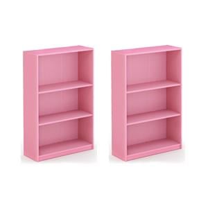 Pemberly Row Set of 2 Wood 3-Tier Adjustable Shelf Bookcases in Pink