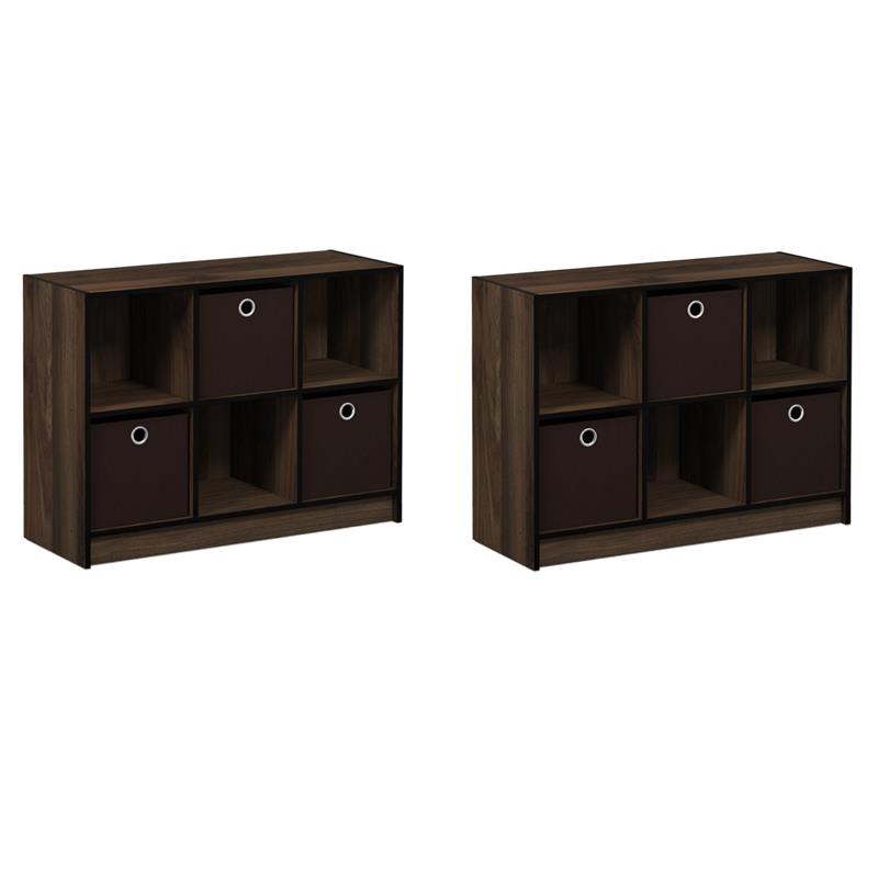 Pemberly Row Set of 2 3x2 Bookcases Storage with Bins in Walnut/Dark Brown