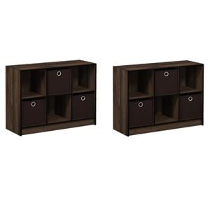 Pemberly Row Set of 2 3x2 Bookcases Storage with Bins in Walnut/Dark Brown