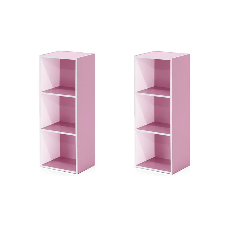 Pemberly Row Set of 2 Engineered Wood 3-Tier Open Shelf Bookcases in White/Pink