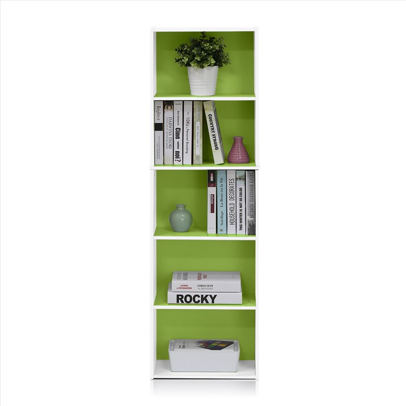 Pemberly Row Set of 2 Wood 5-Tier Reversible Open Shelf Bookcases in Green
