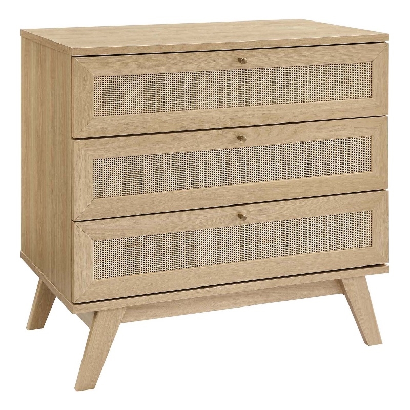 Pemberly Row Set of 2 Rattan MDF and Particleboard Nightstand and Dresser in Oak