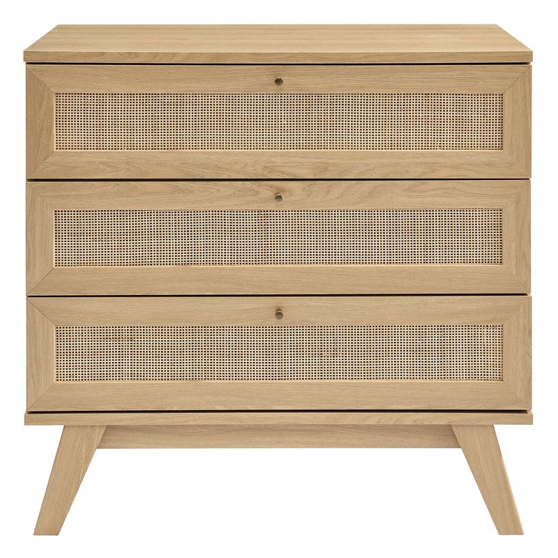 Pemberly Row Set of 2 Rattan MDF and Particleboard Nightstand and Dresser in Oak
