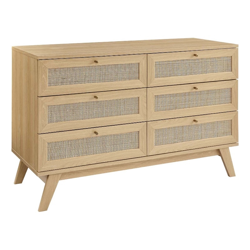 Pemberly Row Set of 2 Rattan MDF and Particleboard Nightstand and Dresser in Oak