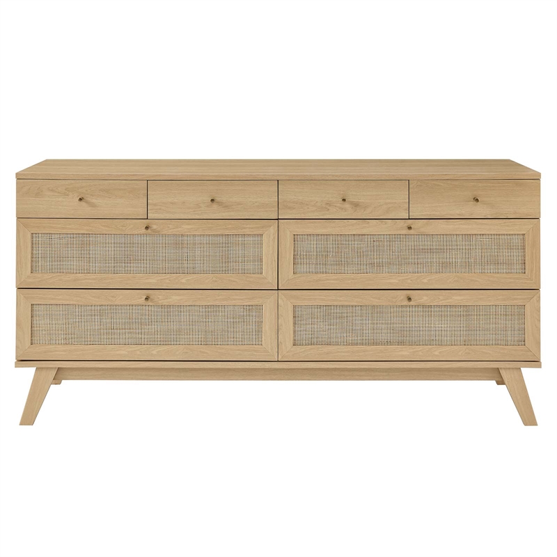 Pemberly Row Set of 2 Rattan MDF and Particleboard Nightstand and Dresser in Oak
