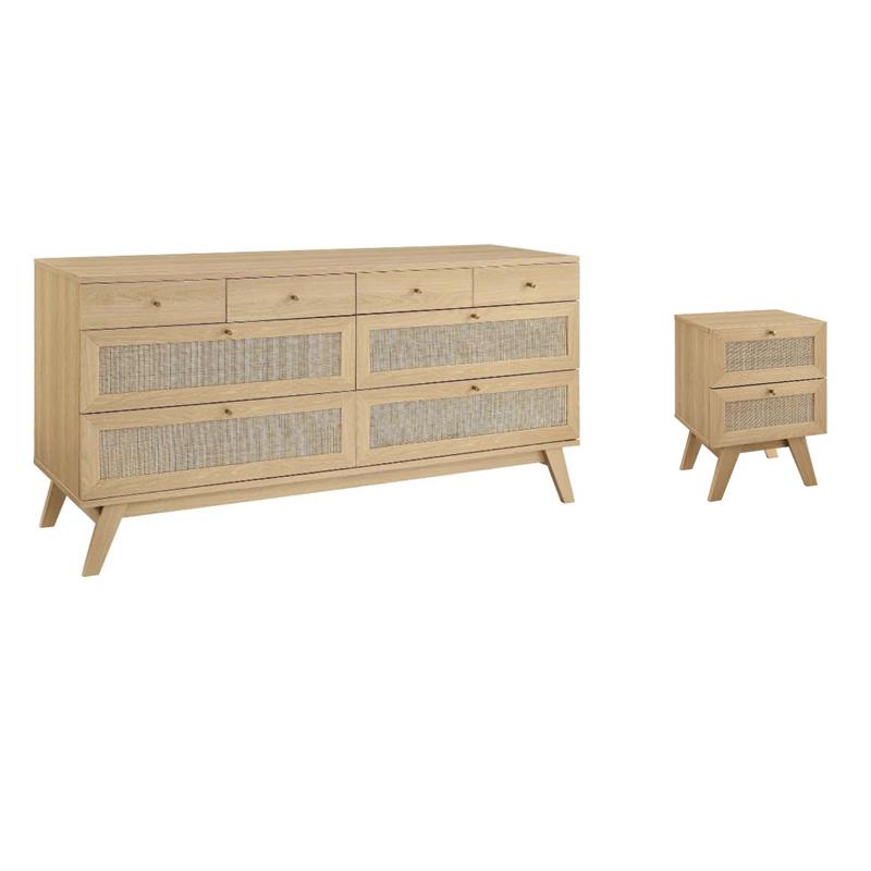 Pemberly Row Set of 2 Rattan MDF and Particleboard Nightstand and Dresser in Oak