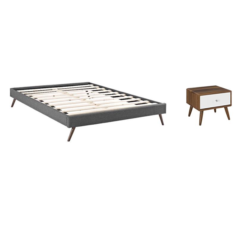 Pemberly Row Set of 2 Queen Bed Frame in Gray and Nightstand in Walnut/White