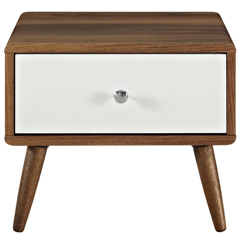 Pemberly Row Set of 2 Full Modern Bed in Gray and Nightstand in Walnut/White