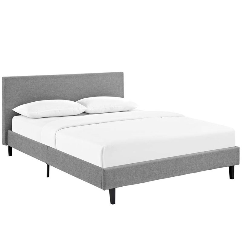 Pemberly Row Set of 2 Queen Bed in Light Gray and Nightstand in Walnut/White