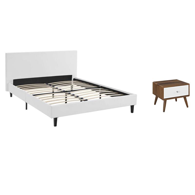 Pemberly Row Set of 2 Modern Full Bed in White and Nightstand in Walnut/White