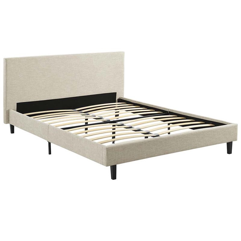Pemberly Row Set of 2 Full Modern Bed in Beige and Nightstand in Walnut/White