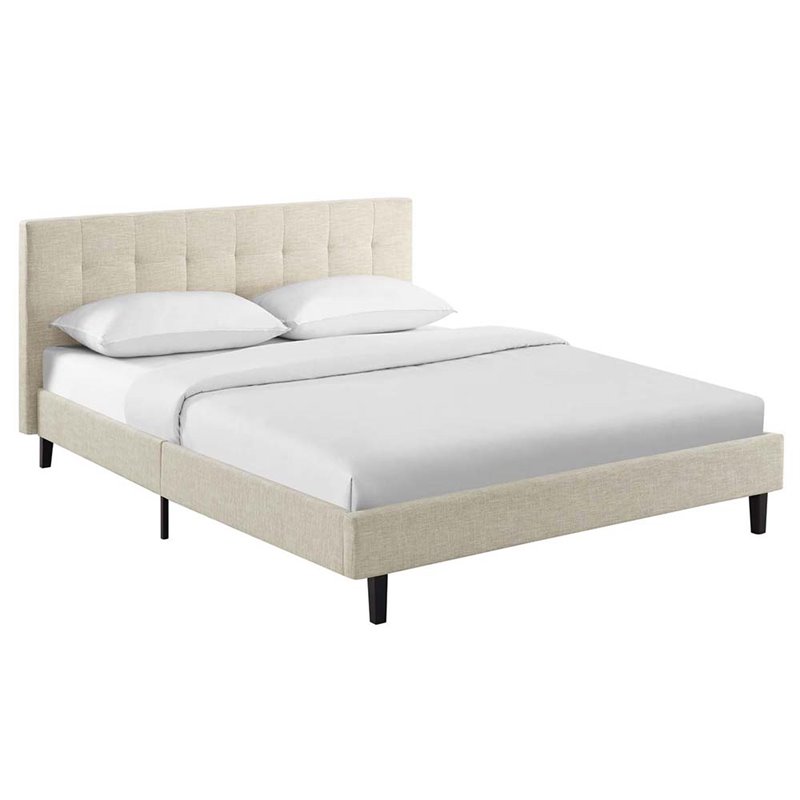 Pemberly Row Set of 2 Full Modern Bed in Beige and Nightstand in Walnut/White