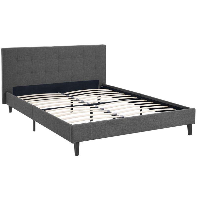 Pemberly Row Set of 2 Queen Modern Bed in Gray and Nightstand in Walnut/White
