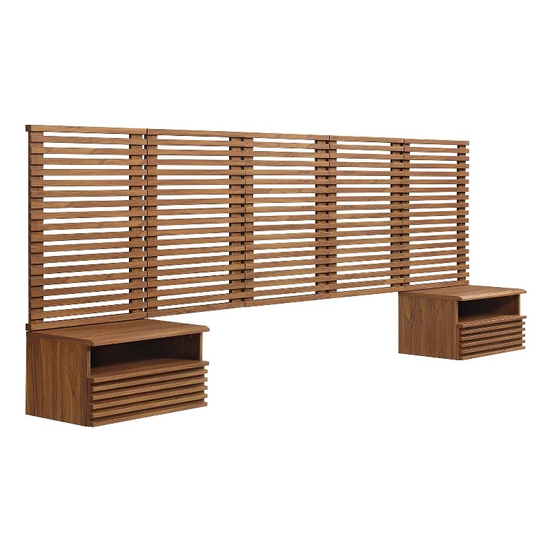 Pemberly Row Set of 2 Modern Wood Queen Headboard and Nightstands in Walnut