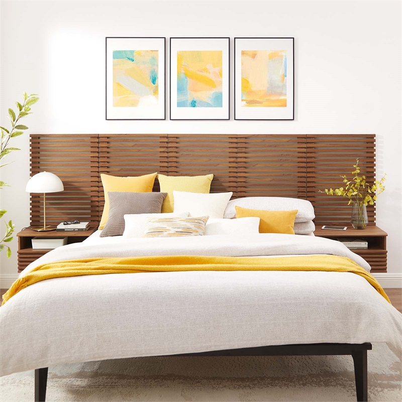 Pemberly Row Set of 2 Modern Wood Queen Headboard and Nightstands in Walnut