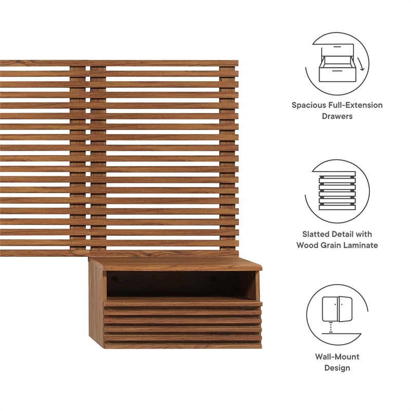 Pemberly Row Set of 2 Modern Wood King Headboard and Nightstands in Walnut