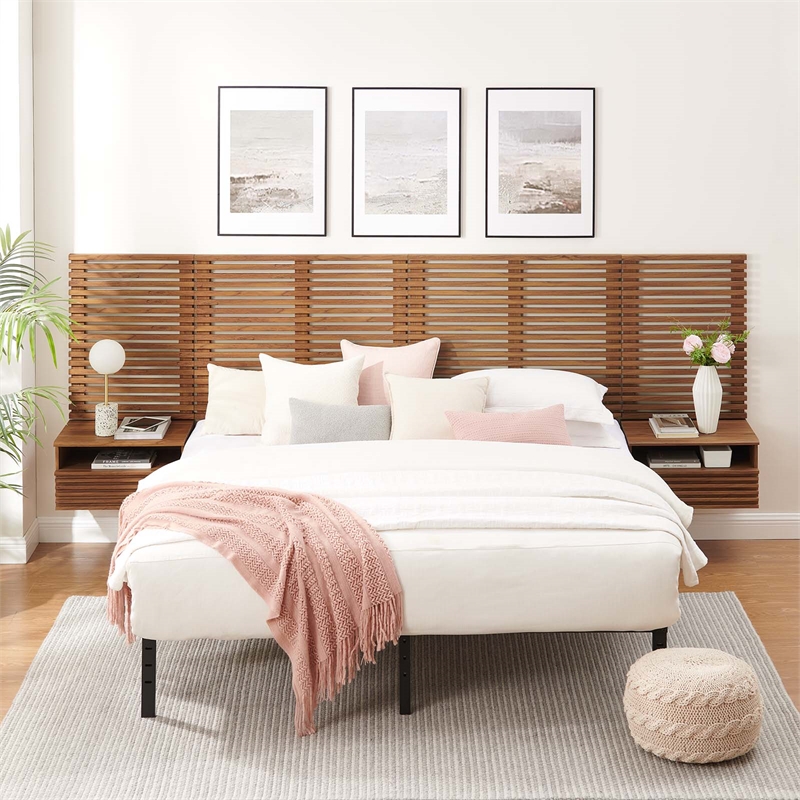 Pemberly Row Set of 2 Modern Wood King Headboard and Nightstands in Walnut