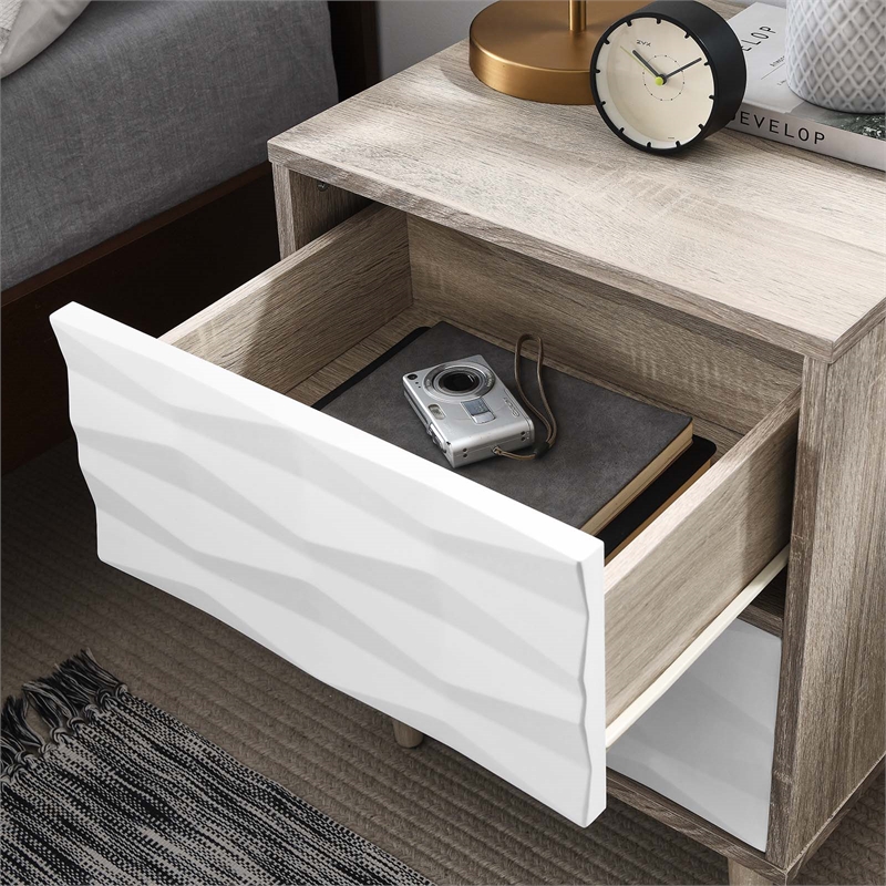 Pemberly Row Set of 2 2-Drawer Wood Nightstands with Tapered Legs in Oak/White