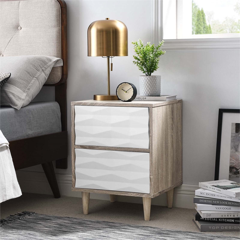 Pemberly Row Set of 2 2-Drawer Wood Nightstands with Tapered Legs in Oak/White
