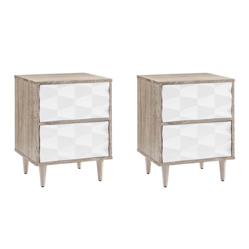Pemberly Row Set of 2 2-Drawer Wood Nightstands with Tapered Legs in Oak/White