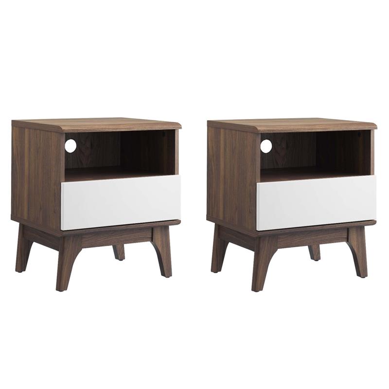 Pemberly Row Set of 2 Modern Particleboard Nightstands in Walnut/White