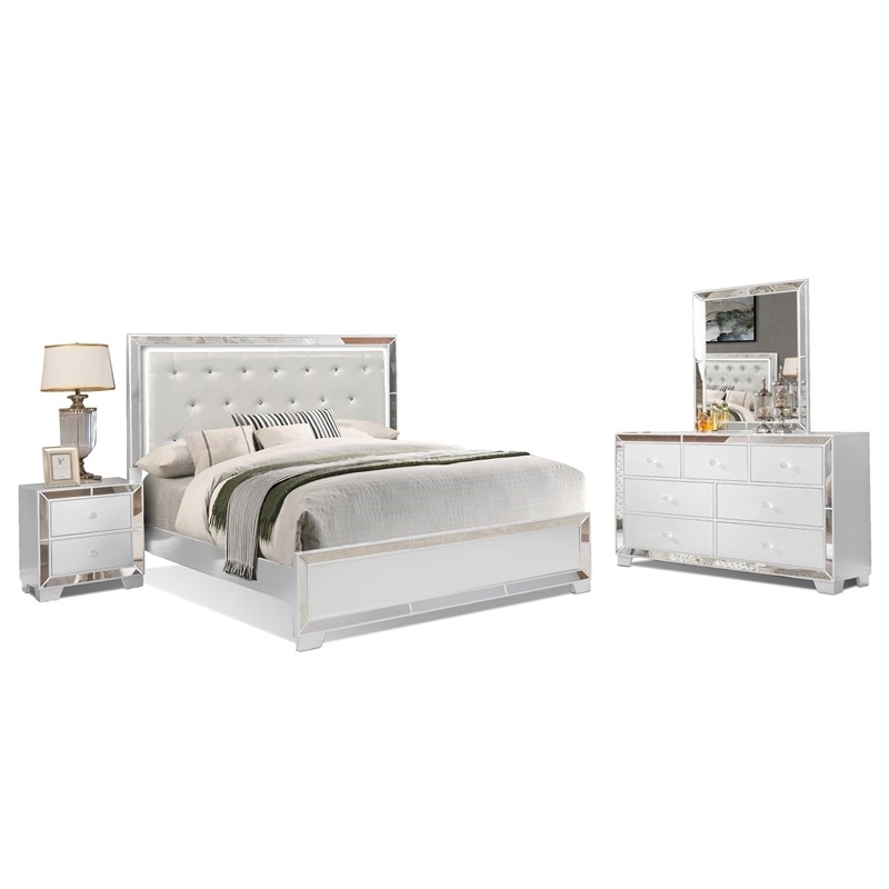 Pemberly Row Crystal Tufted with LED lightning 4pc Queen Bedroom Set in White