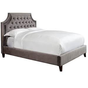 Pemberly Row Traditional Velvet Fabric Cal King Bed in Gray Finish
