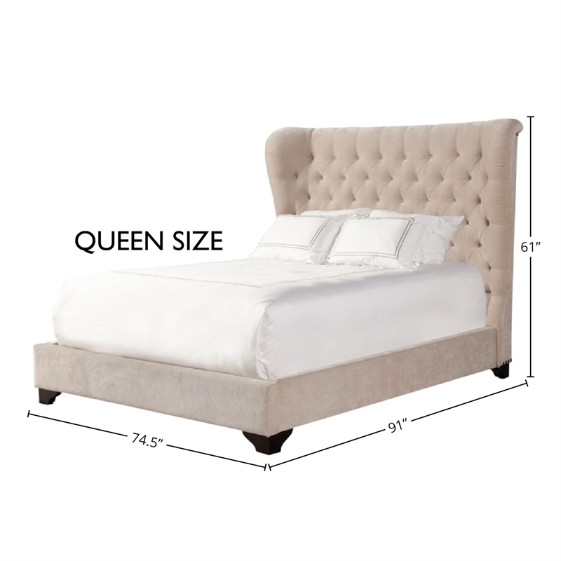 Pemberly Row Traditional Velvet Queen Bed in Meringue Tan Finish