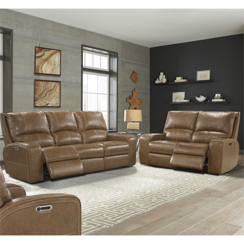 Pemberly Row Contemporary Bourbon Power Reclining Sofa and Loveseat