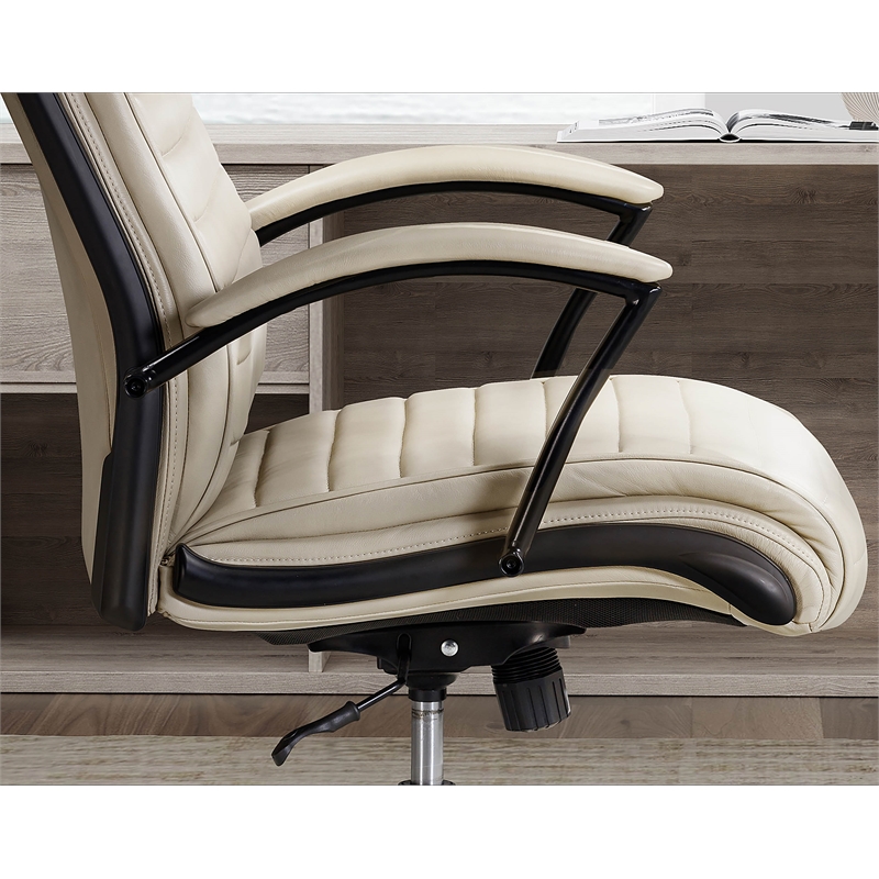 Pemberly Row Contemporary Top Grain Leather Desk Chair in Cream