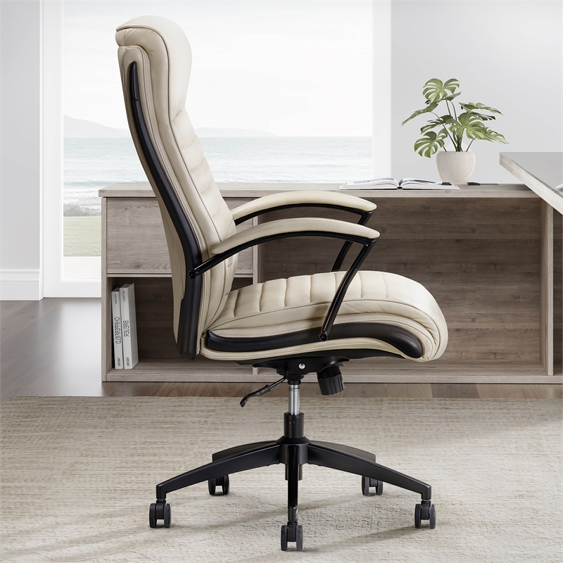 Pemberly Row Contemporary Top Grain Leather Desk Chair in Cream