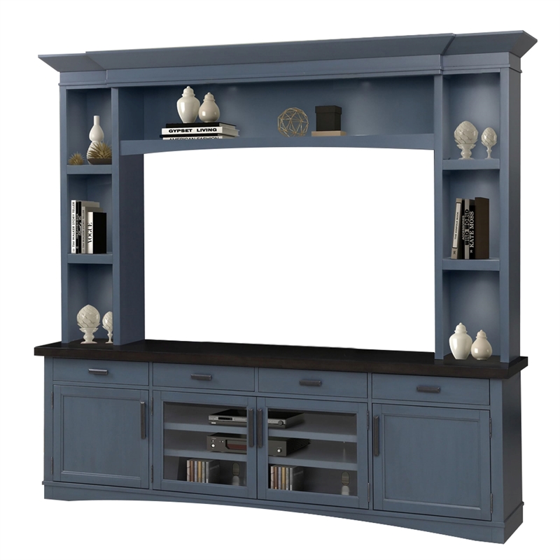 Pemberly Row Wood TV Console with Hutch and LED Lights in Denim