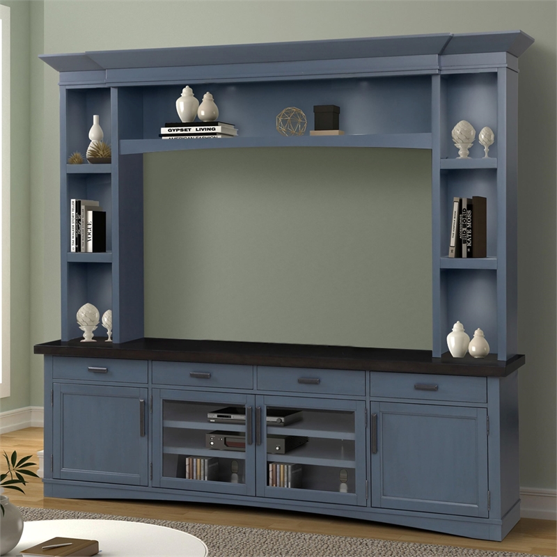 Pemberly Row Wood TV Console with Hutch and LED Lights in Denim
