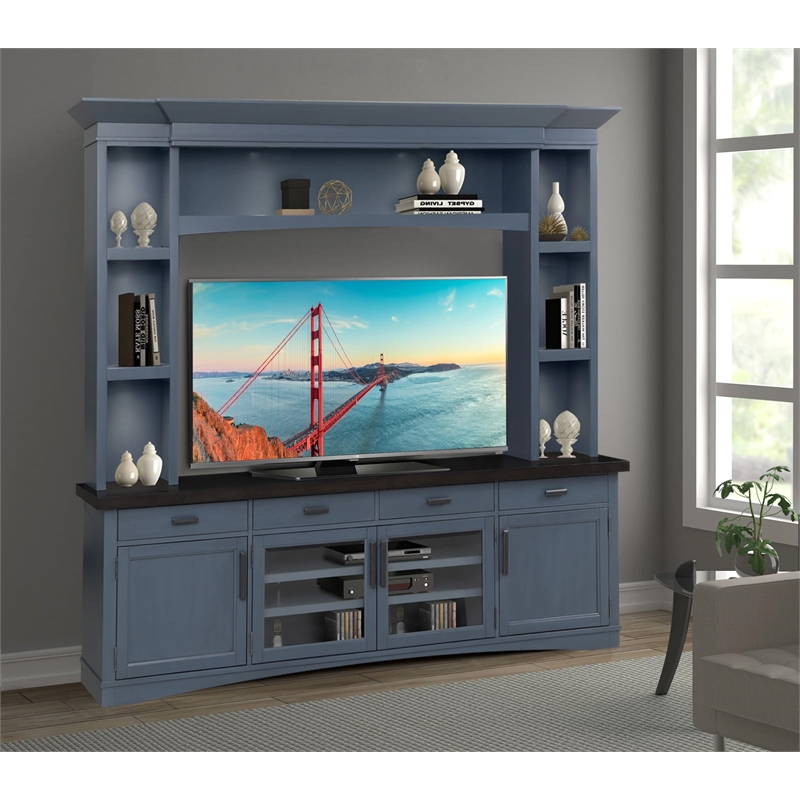 Pemberly Row Wood TV Console with Hutch and LED Lights in Denim