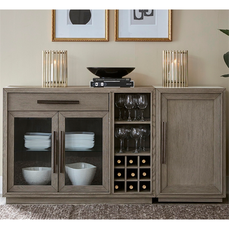 Pemberly Row Wood Multi-Functional Server with Bar Cabinet in Taupe