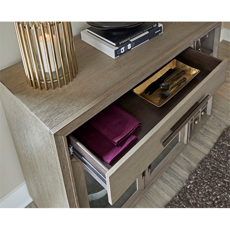 Pemberly Row Wood Multi-Functional Server with Bar Cabinet in Taupe