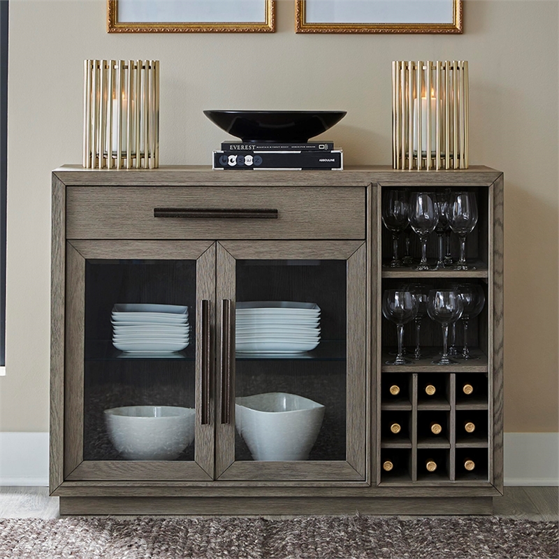 Pemberly Row Wood Multi-Functional Server with Bar Cabinet in Taupe