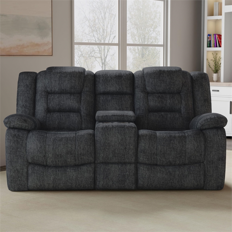 Pemberly Row Polyester & Velvet Fabric Glider Console Loveseat in Gray