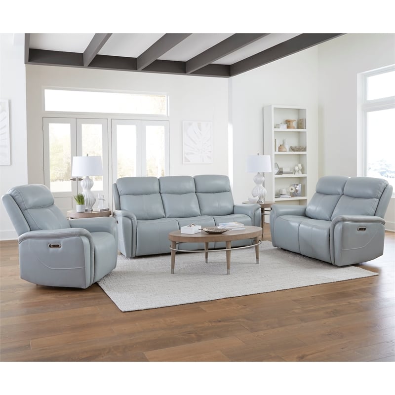 Pemberly Row Seamist Grey Power Reclining Sofa Loveseat and Recliner
