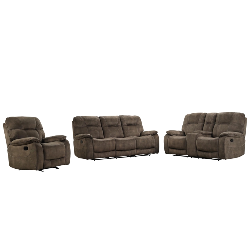 Pemberly Row Shadow Brown Manual Reclining Sofa Loveseat and Recliner