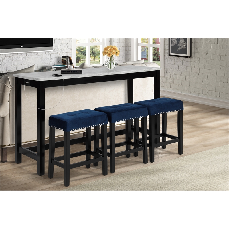 Pemberly Row Contemporary 4-Piece Faux Marble & Wood Bar Set in Blue