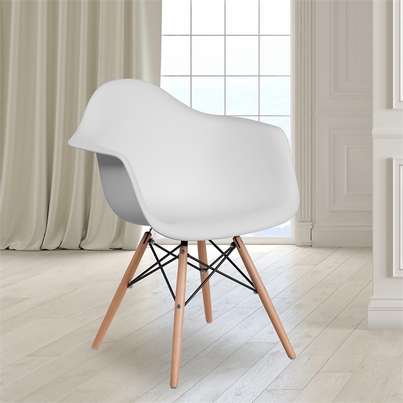 Pemberly Row Contemporary Plastic Chair With Wood Base In White