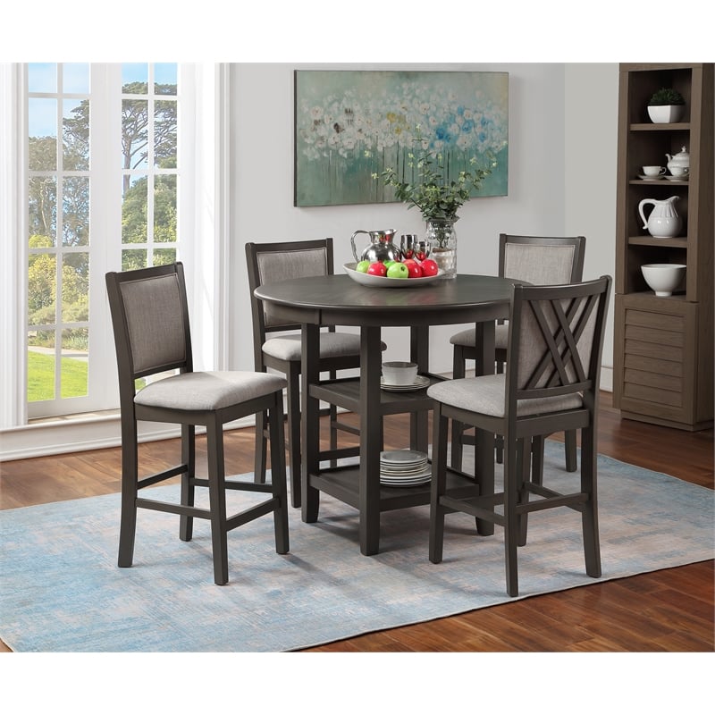Pemberly Row 5-Piece Round Wood & Fabric Counter Set in Gray