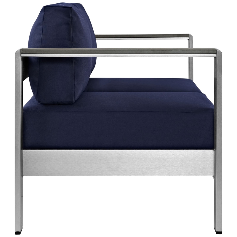 Pemberly Row Fabric and Aluminum Outdoor Patio Loveseat in Silver/Navy