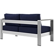 Pemberly Row Fabric and Aluminum Outdoor Patio Loveseat in Silver/Navy