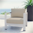 Pemberly Row Fabric and Aluminum Outdoor Patio Armchair in Silver/Beige